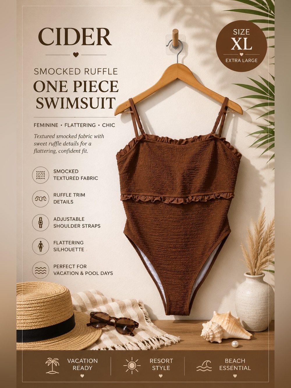 Cider Smocked Ruffle One Piece Swimsuit Brown XL